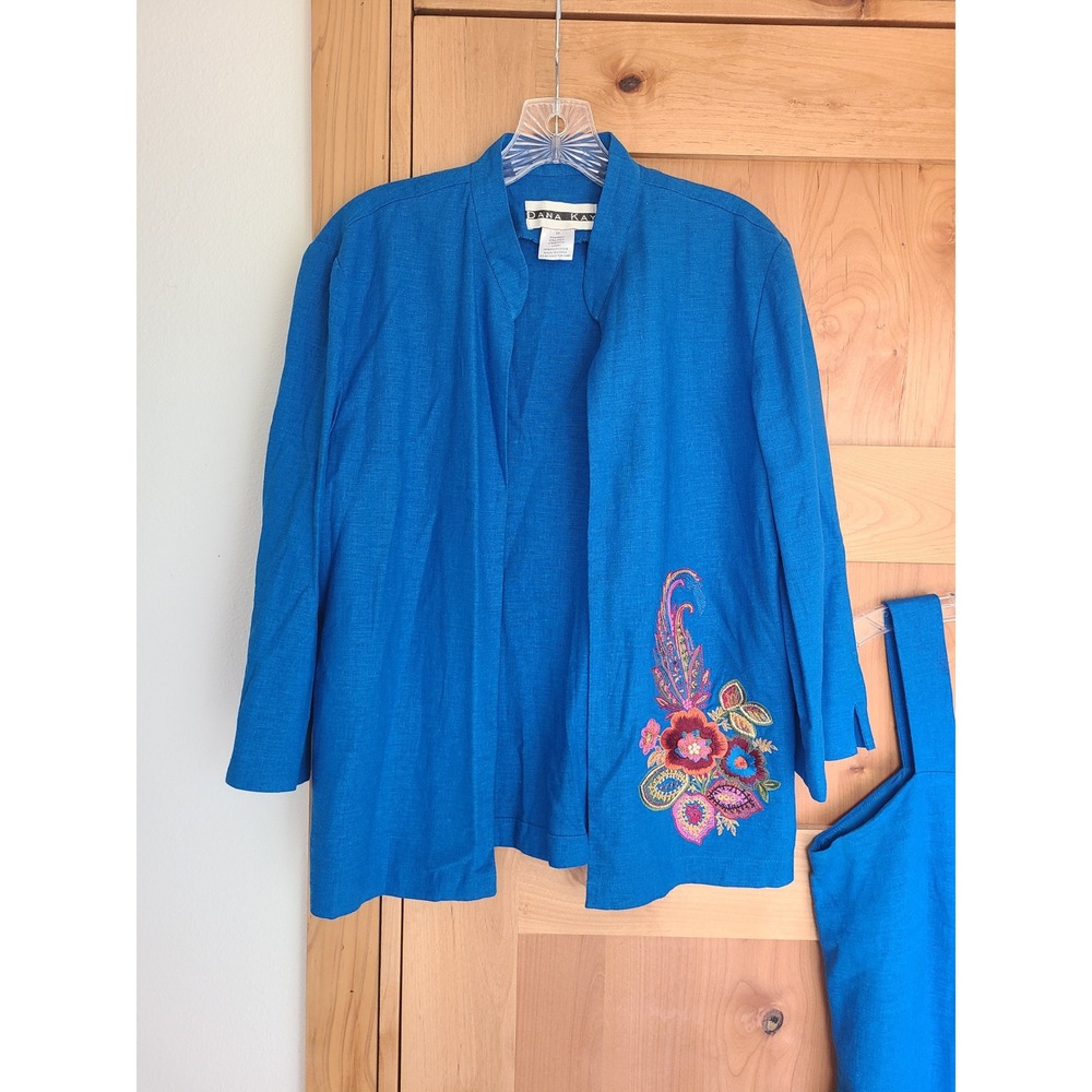 Vintage Dana Kay Linen Rayon 10 Blue Embroidered Dress & Jacket Set Boho Bright - Picture 3 of 13